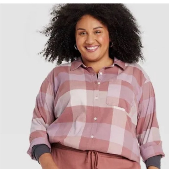 Ava & Viv Pink and White Plaid Button Down Shirt - Picture 1 of 3